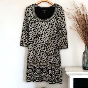 White House Black Market Gold Foil Dress with Pleated Edge • 3/4 Sleeves Size S
